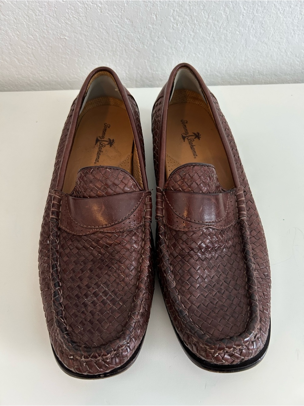 Tommy Bahama Woven Leather Penny Loafers Brown Grandpacore Coastal Men’s Size 10